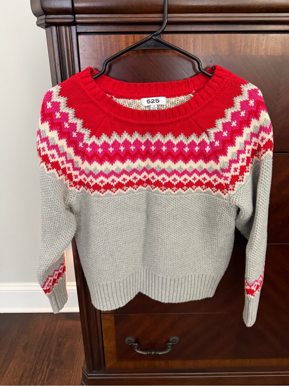 525 America Gray Crewneck Sweater with Red and Pink Fair Isle Yoke